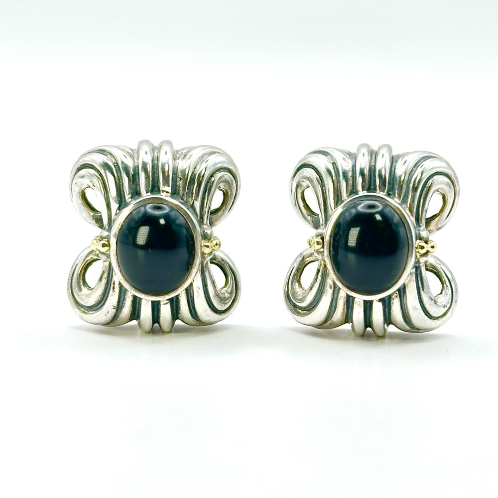 Lagos Caviar Ornate Two Tone Black Onyx Earrings